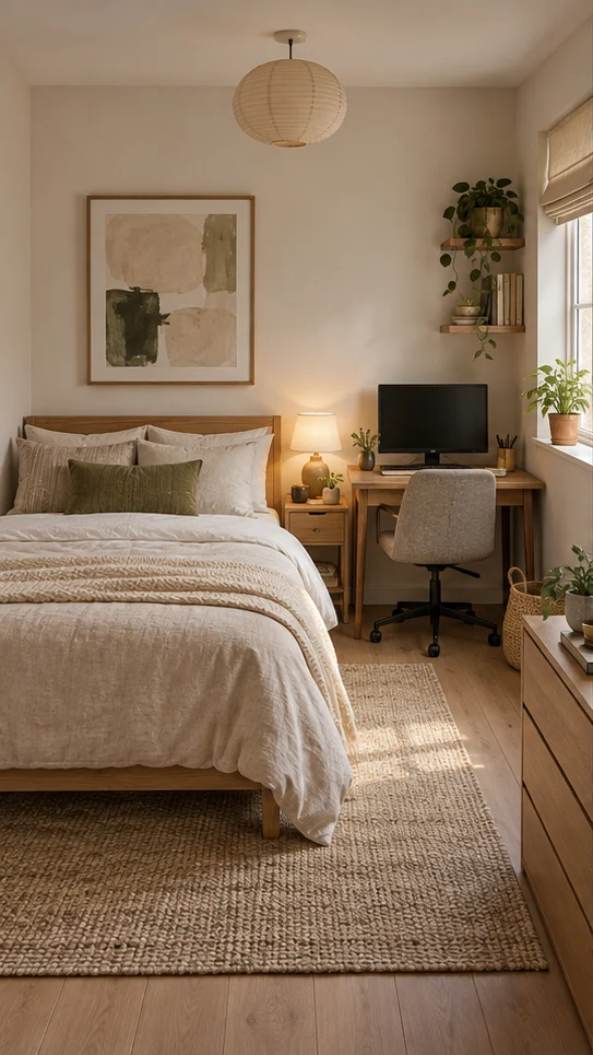 Interior reference: a compact bedroom with a desk, natural light and layered textiles